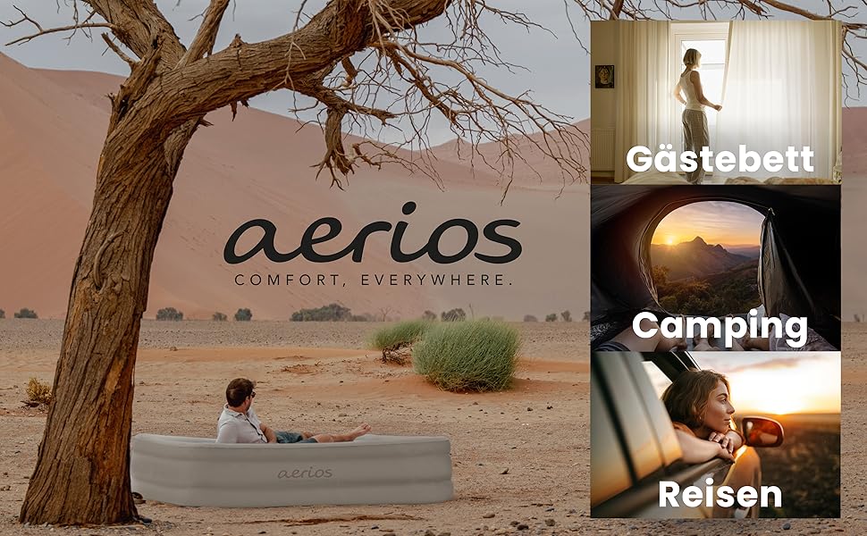 Надувне ліжко Aerios для 2 осіб з вбудованим USB-C насосом | Преміум гостьове ліжко без кабелю живлення | Надувне ліжко - виберіть розмір! Бежевий двоспальний