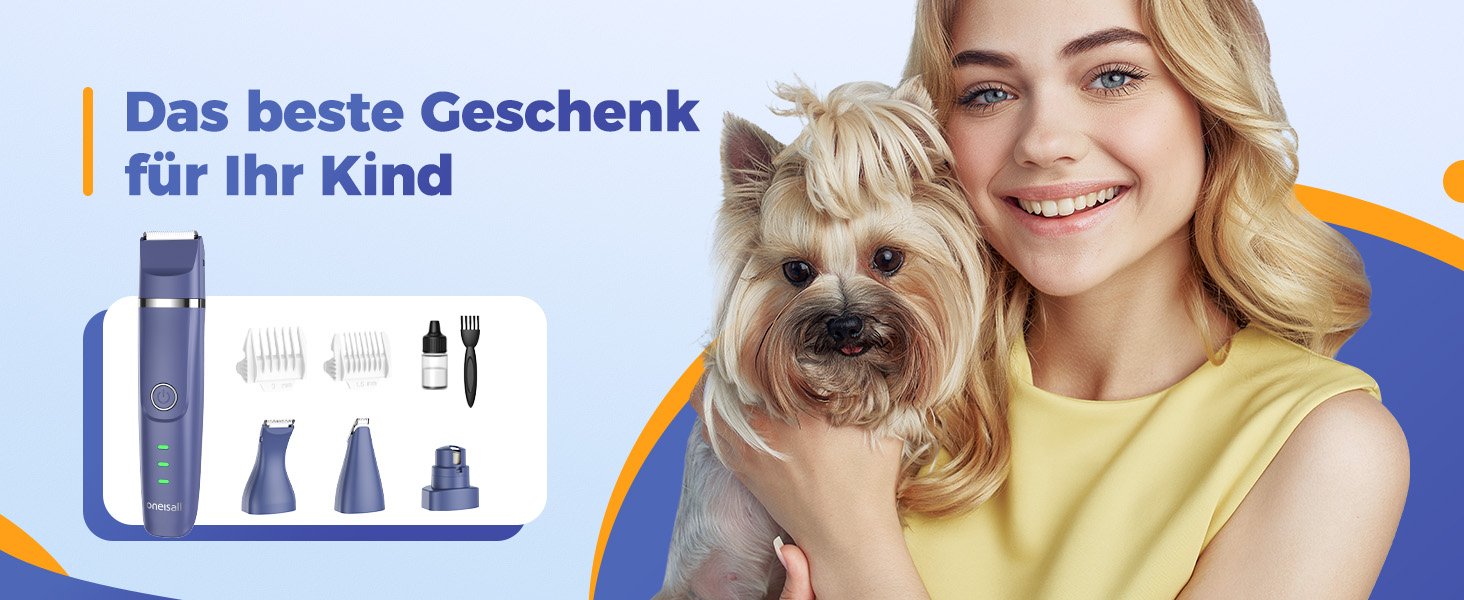 Машинка для стрижки собак і котів oneisall 4-в-1: стрижка, триммінг, шліфування кігтів. Безшумна, акумуляторна. 4 насадки для тіла, лап, очей, вух, обличчя. Білий/Синій колір