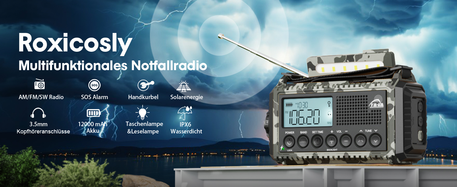 Радіо Kurbelradio на сонячній батареї та з ручкою, 12000mAh, AM/FM/SW, USB-зарядка, SOS-сигнал, для кемпінгу та надзвичайних ситуацій, зелений (сірий камуфляж)