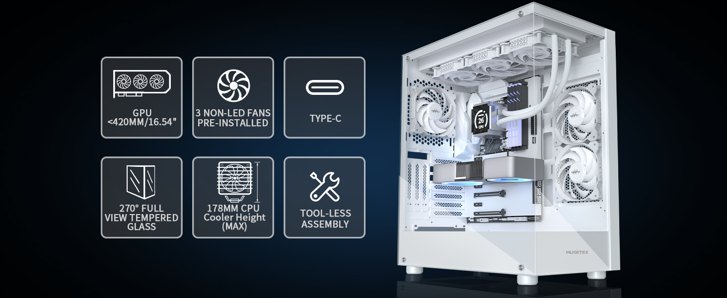 Корпус для ПК MUSETEX K2 ATX Mid-Tower з подвійним склом, білий, 3 вентилятори, USB Type-C