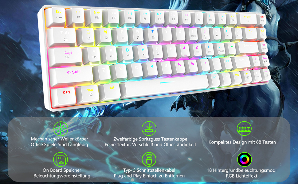 Ігровий комплект клавіатури та миші RGB, 68 клавіш, Red Switch, 60% механічна клавіатура, миша 6400DPI, USB-кабель, сумісна з Windows, Mac, PS4, білий колір