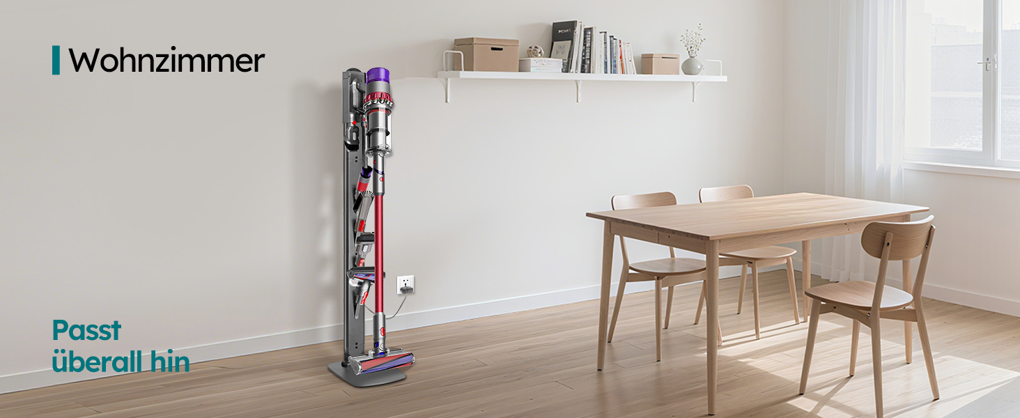 Стійка для пилососів Dyson G5, V15, V12, V11, V10, V8, V7, V6, металева, з 4 гачками та 4 полицями, без свердління, стабільна, підлогова, приховане кріплення кабелю (Темно-сірий)