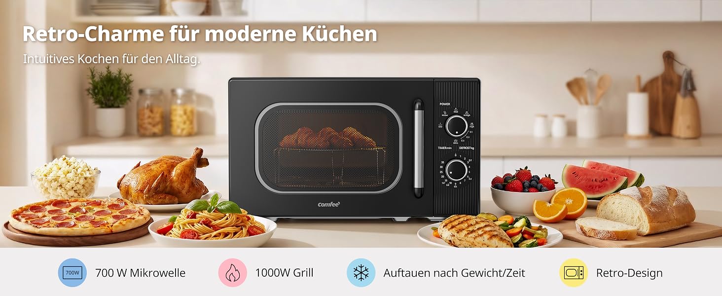 Мікрохвильова піч з грилем Comfee CMO-MG202NC(BK), 20 л, 700 Вт / 1000 Вт, 5 рівнів потужності, таймер, чорна