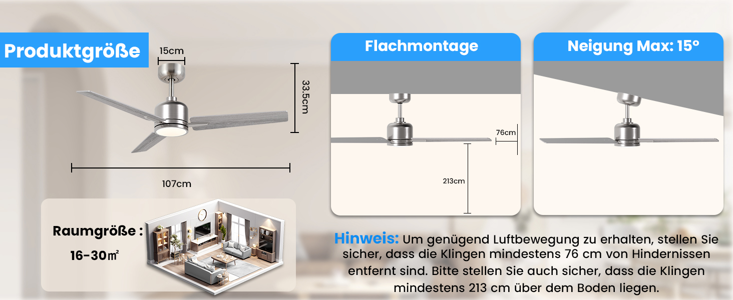 Стеляний вентилятор Newday білий, 122 см з підсвіткою та пультом керування. Безшумний вентилятор для стелі з лампою, регульована яскравість, DC мотор, реверсивний для спальні та вітальні (107-silber-holz)