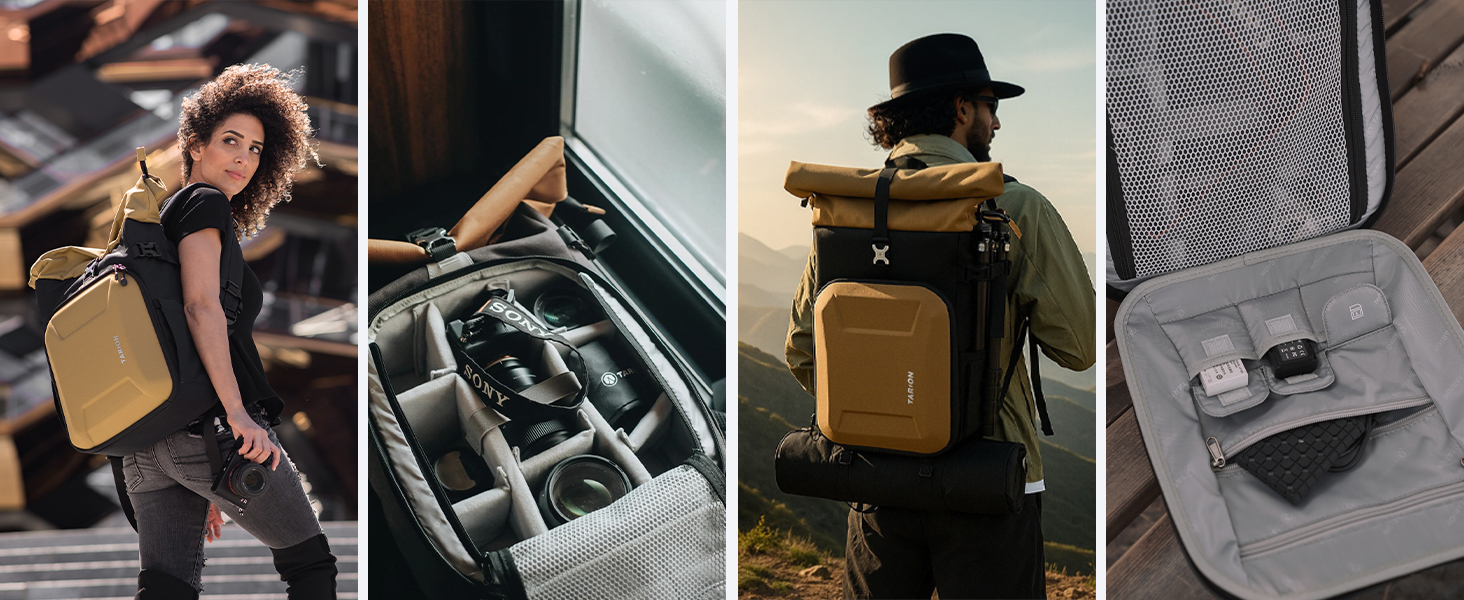 Рюкзак для камери TARION Rolltop: професійний фоторюкзак з жорсткою оболонкою, відділенням для 16-дюймового ноутбука, сумісний з DSLR/SLR камерами, об'єктивами та штативом, колір золотий