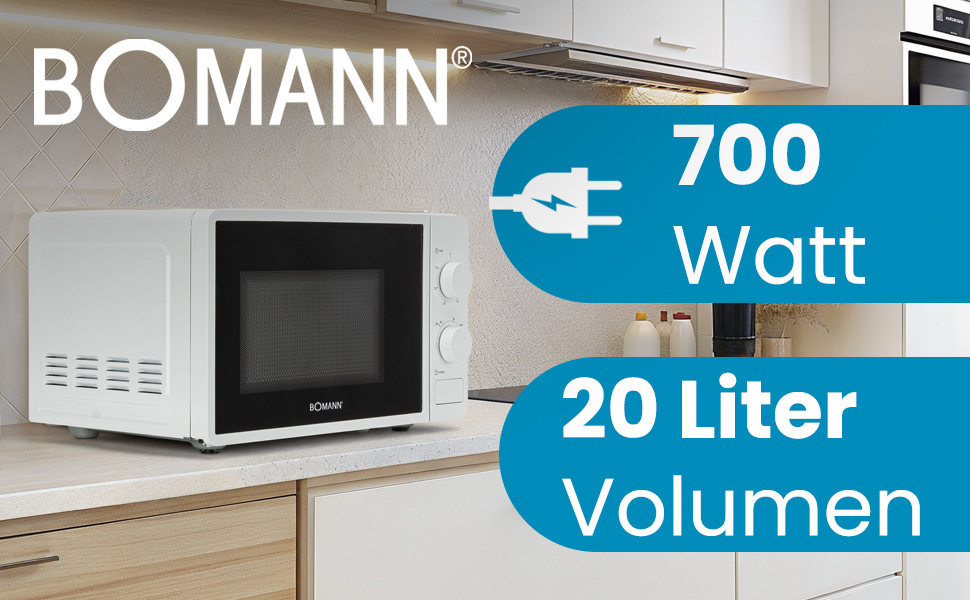 Мікрохвильова піч Bomann MW 6014 CB (Біла): 700 Вт, 20 л, 6 рівнів потужності, поворотний піднос 360°