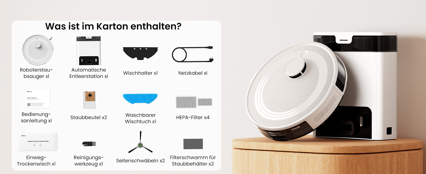 Робот-пилосос LEFANT M2 Pro з потужністю 6000 Па, автоматичною витяжкою сміття, лазерною навігацією та картографією, індивідуальним прибиранням, уникненням перешкод PSD, ідеальний для видалення шерсті тварин, білий