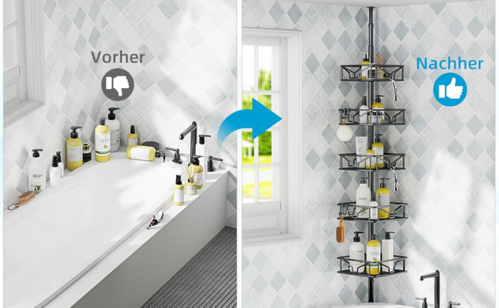 Телескопічна поличка для душу Bomclap з 5 кошиками, кутова, металева, чорна. Регульована висота 106-287 см, без свердління.