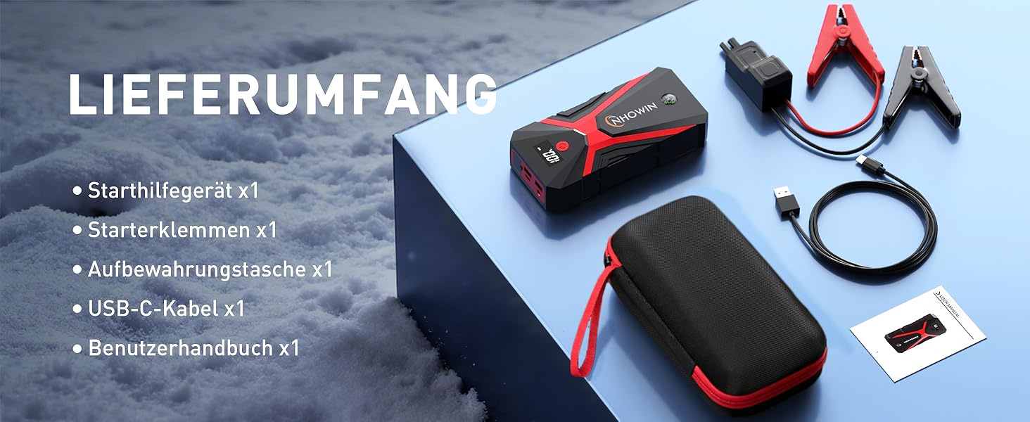 Портативний пусковий пристрій NHOWIN 4000A: Powerbank для авто 12V, 20000 mAh, 4-в-1, з кабелями та LED-ліхтариком для подорожей та надзвичайних ситуацій