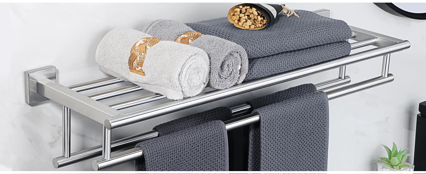 Тримач для рушників SAYAYO настінний, 70 см, з полицею, нержавіюча сталь, для ванної кімнати та кухні