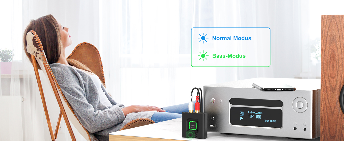 1Mii ML201 Bluetooth адаптер для стереосистеми: бездротовий аудіо приймач з AUX/Cinch, для ПК, смартфонів та планшетів, 12 годин роботи, режим басів Medium