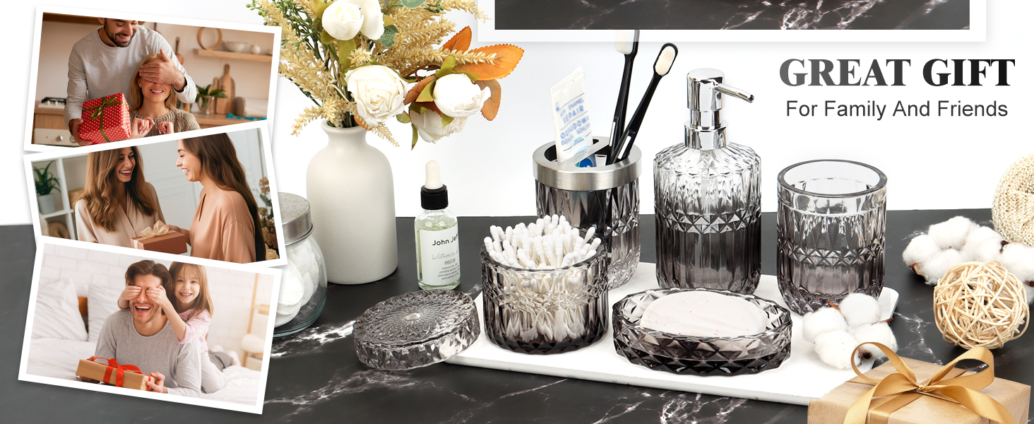 Набір аксесуарів для ванної кімнати 5 предметів: дозатор для мила та лосьйону, склянка для зубних щіток, стаканчик, мильничка, органайзер зі скла - сучасний дизайн для ванної, кухні, косметичного столика, декор (прозорий/чорний)