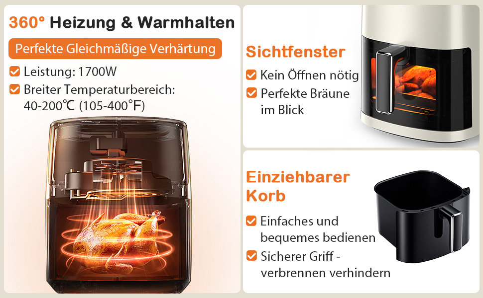 Фритюрниця Sweetcrispy Airfryer 6L з вікном, 12-в-1, сенсорний екран, антипригарний кошик, для 3-6 осіб (Бежева)