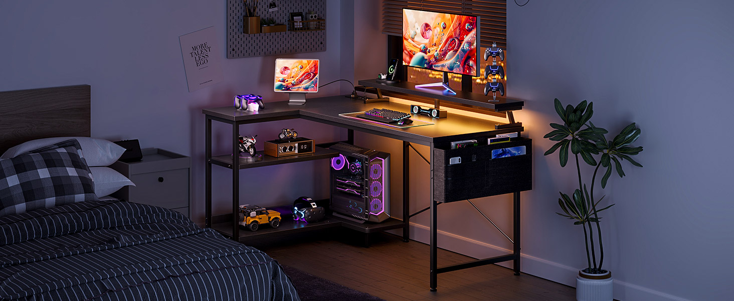 Ігровий стіл L-подібний Coleshome з LED-підсвічуванням та розетками, 120x80 см, з полицею, чорний, для офісу/робочого кабінету