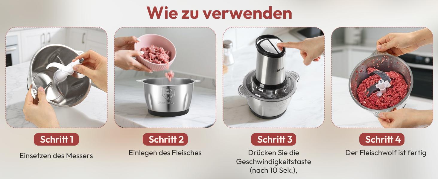 Електричний подрібнювач Jobfun 2L з нержавіючої сталі, 2 швидкості, мультиподрібнювач, м'ясорубка, подрібнювач для м'яса, цибулі, овочів (сірий)