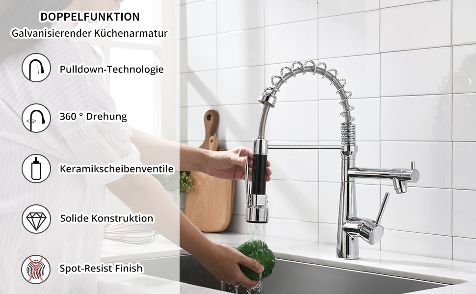 Змішувач кухонний LED Chrome з висувною лійкою, 360° поворот, 2 виходи, для кухні