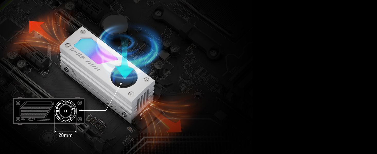 Охолоджувач SSD M.2 EZDIY-FAB Shield ARGB з 20мм вентилятором PWM, преміум-алюмінієвий дизайн, підтримка ARGB 5V 3-Pin, для M.2 2280, чорний, 1 шт.