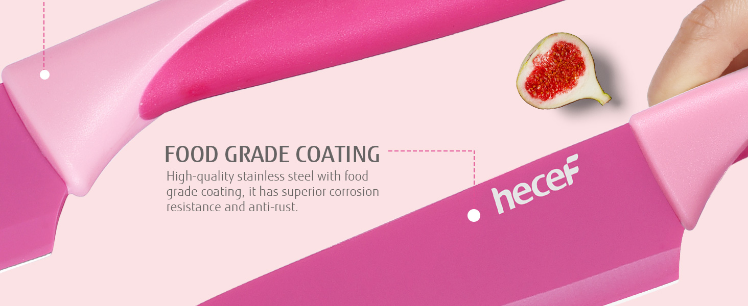 Набір ножів Hecef 14 предметів у блоці, з антипригарним покриттям, для посудомийної машини, самозаточуваний, ергономічні ручки, кухонний набір для будь-якої кухні (рожевий)