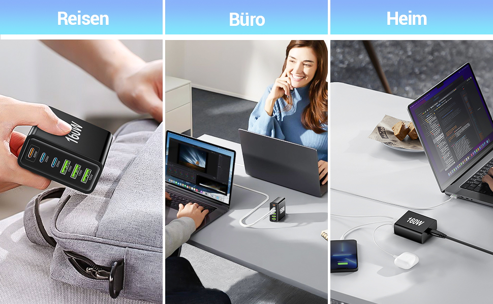 Зарядний пристрій USB 160W, 6 портів (USB-C, USB-A) – мережевий адаптер для ноутбука, смартфонів, iPad, навушників, чорний