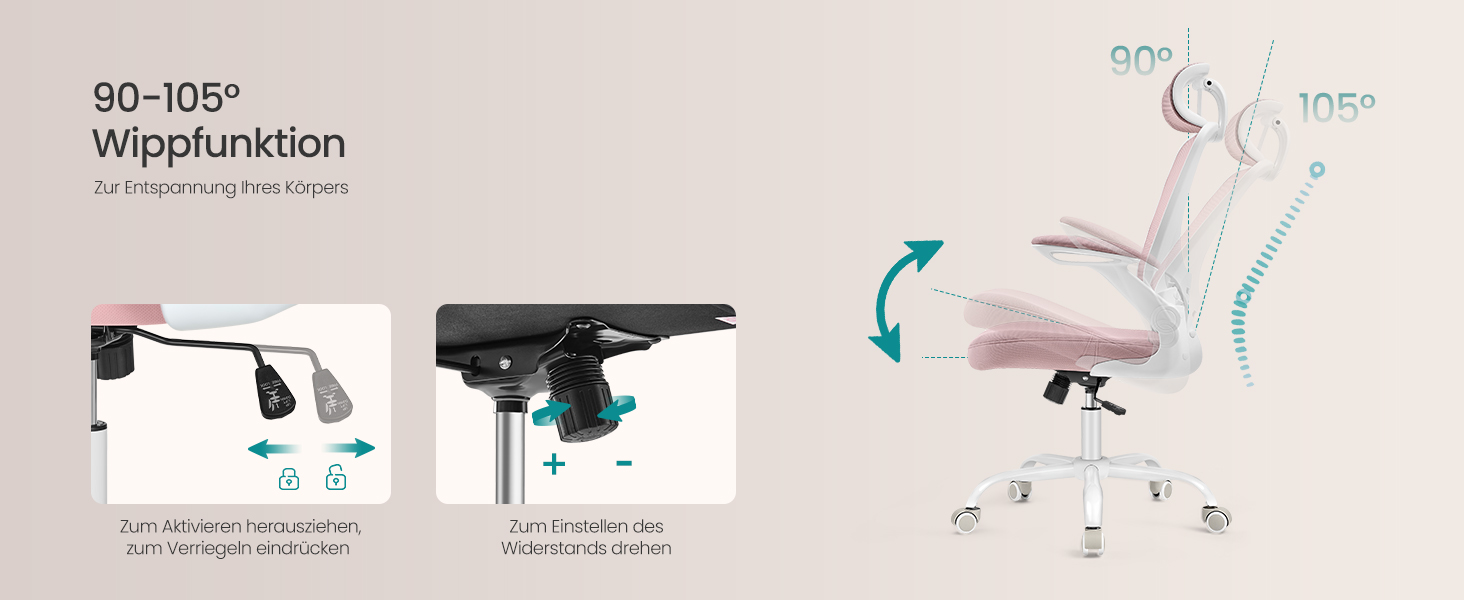 Офісне крісло SONGMICS з ергономічною спинкою, сіткою, підтримкою попереку та голови, функцією гойдання, сидінням 53 см, відкидними підлокітниками, для офісу та спальні, студентів, OBN37BK (Bonbon-рожевий, повна спинка)