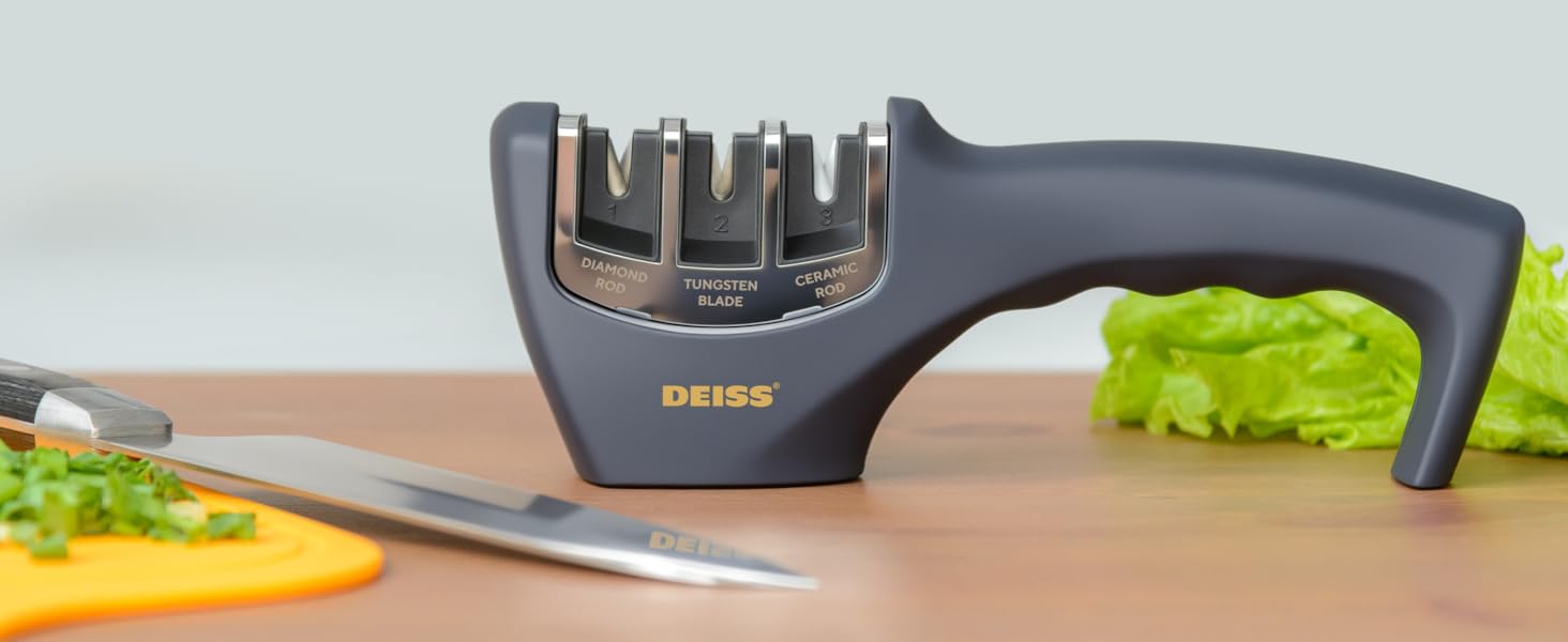 Deiss PRO 3-ступеневий точило для ножів кухонних та кишенькових - професійний точило для ножів шеф-кухаря, мисливських та керамічних - безпечне відновлення та полірування гострих лез (ORANGE)