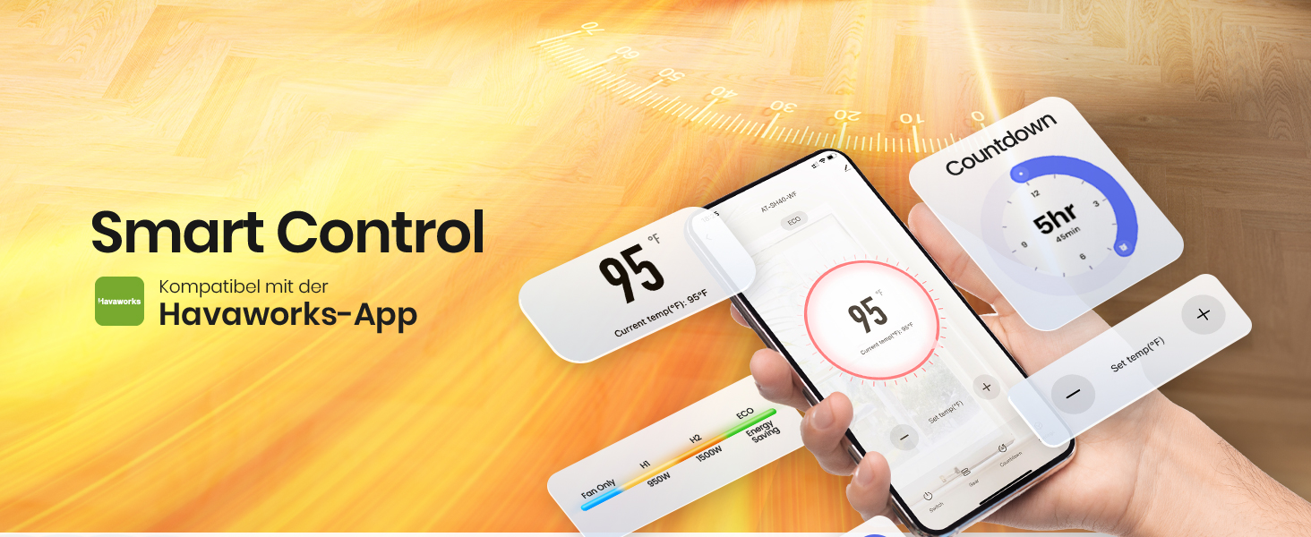 Електричний обігрівач 1500W, керамічний, тихий, з таймером 12 годин, осциляція 70°, захист від перегріву та перекидання, сумісний з Alexa & Google Assistant, чорний, 1 шт. + 4 режими