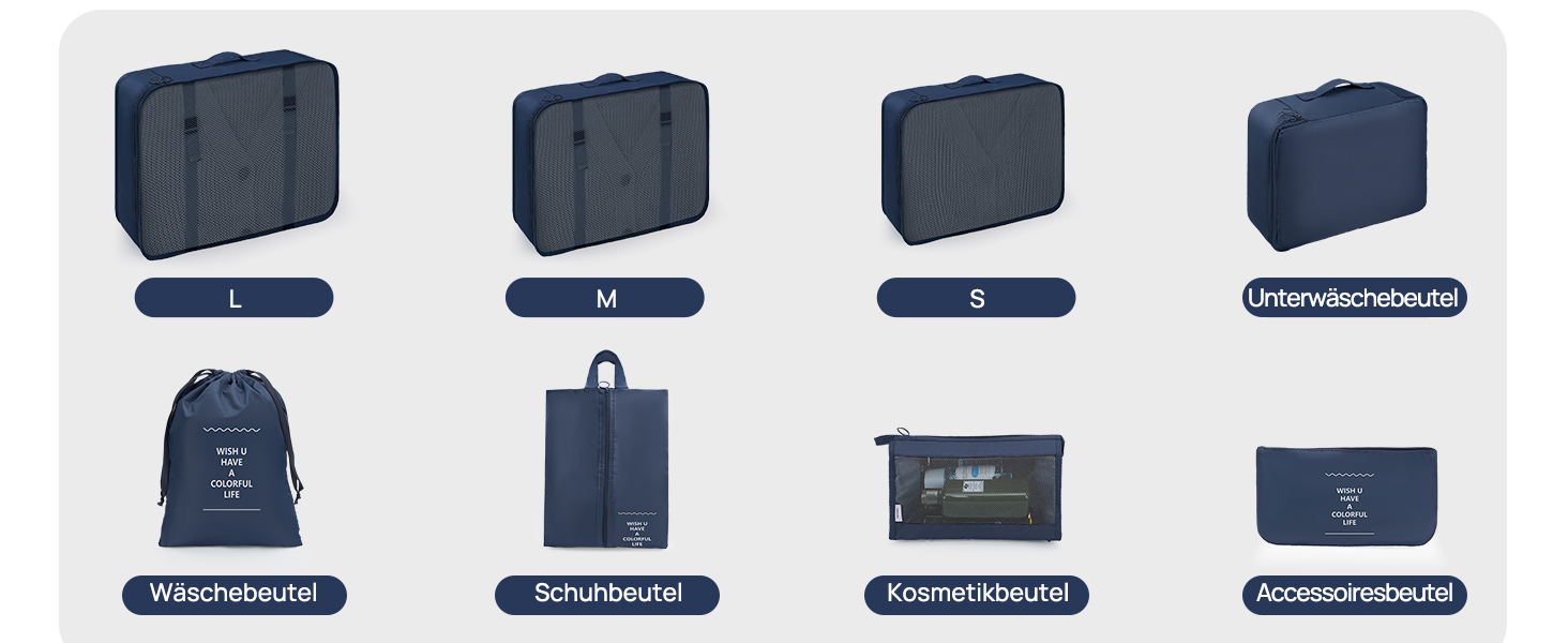 Органайзери для валізи Packing Cubes, 8 шт., водонепроникні, блакитні + косметичка