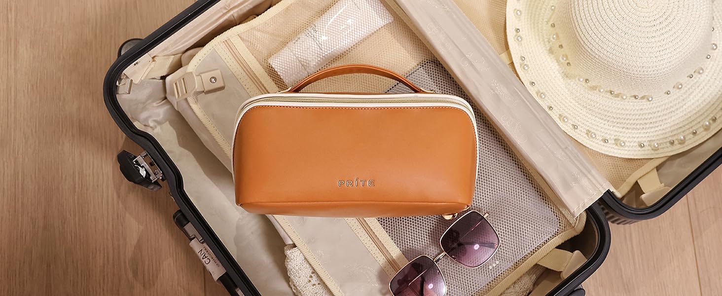 Косметичка велика містка для подорожей, водонепроникна з PU-шкіри, з прозорими перегородками та ручкою, бежева