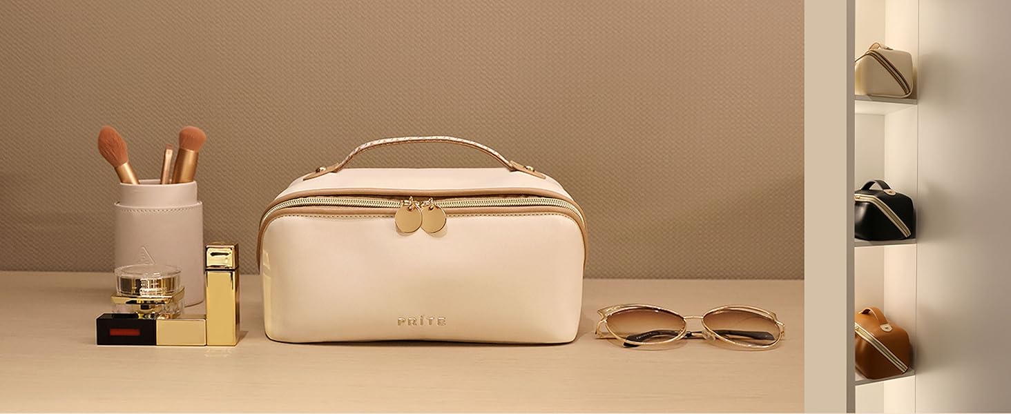Косметичка велика містка для подорожей, водонепроникна з PU-шкіри, з прозорими перегородками та ручкою, бежева