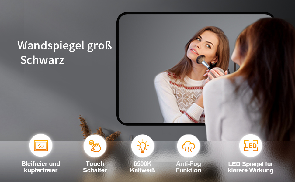 Дзеркало настінне прямокутне з заокругленими кутами, 40x60 см, чорне, нержавіюча сталь. Підходить для ванної кімнати та вітальні.