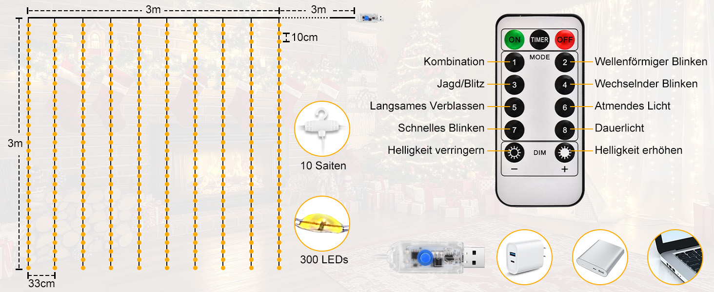 Льодогенератор 3Mx3M 300 LED, USB, з пультом та таймером, для декору, водонепроникний, білий/теплий білий