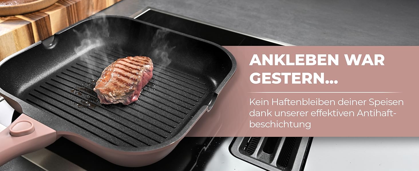 Гриль-сковорода NEU 28 см з виливом та знімною ручкою, антипригарна, без PFOA, для індукції, жаростійка, рожева