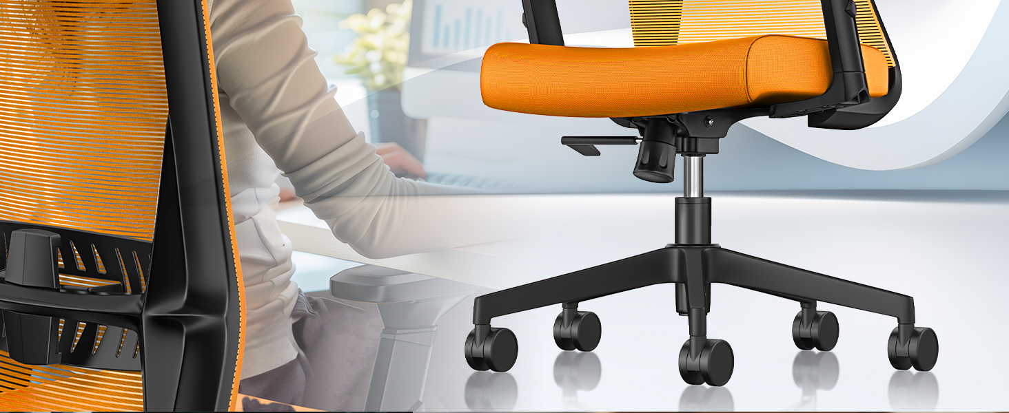 Офісне крісло KESSER® ергономічне з регульованими підлокітниками, підтримкою попереку та підголівником | Крісло для офісу з функцією гойдання до 125° та 5 колесами | Оранжево-чорний колір