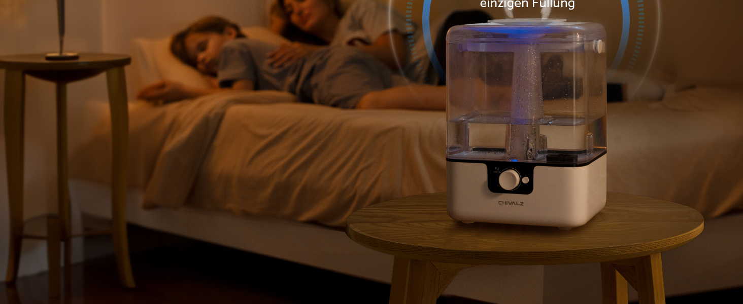Зволожувач повітря CHIVALZ для великих приміщень, 6л з нічним світлом, поворотна 360° форсунка, 26дБ, 50год, аромадифузор для спальні, дитячої кімнати, рослин, дитини, білий, 1 шт + 2 виходи для пари