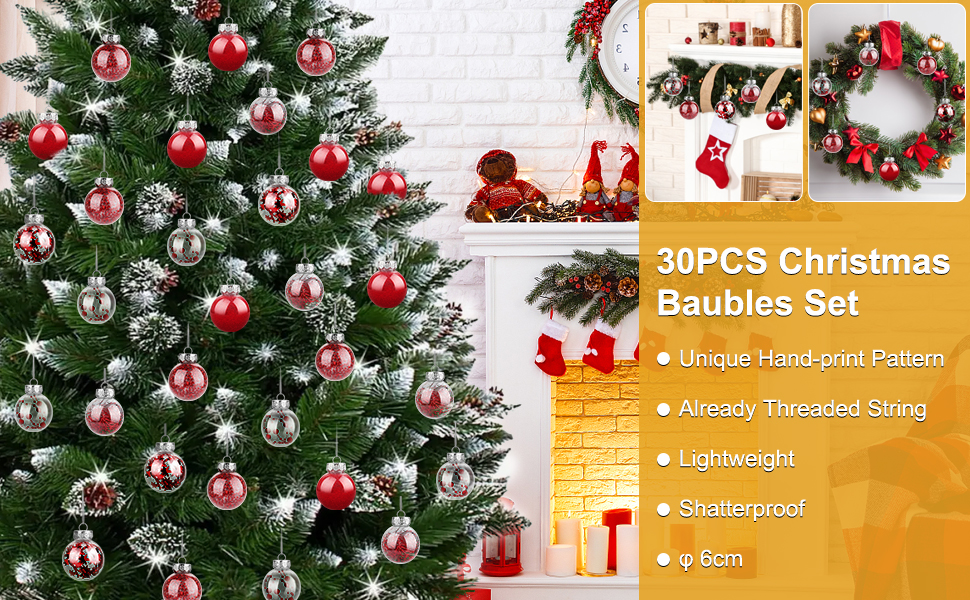 Набір прикрас на ялинку: 30 пластикових кулі діаметром 6 см (червоні)
