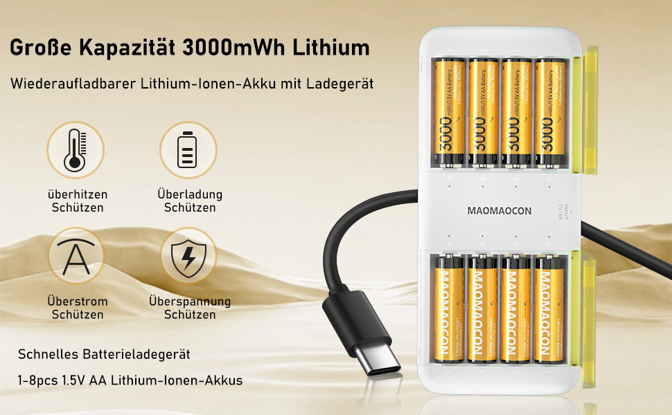 8 шт. літієвих акумуляторів AA з зарядним пристроєм, перезаряджувані батарейки AA, 3000 мАг, висока ємність, Mignon AA, 1.5V, акумуляторний зарядний пристрій з функцією зберігання заряду