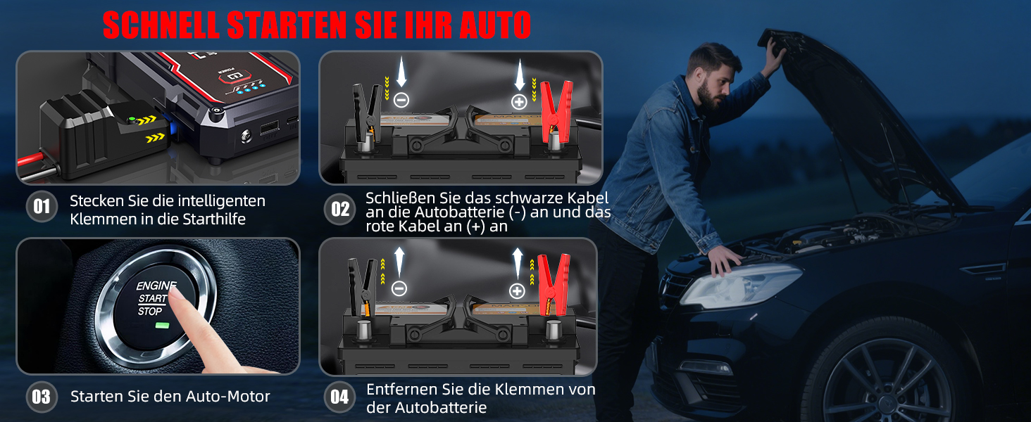 Портативний акумулятор для автомобіля 6000A/26800mAh, підходить для 12V авто (бензин та до 8.0L дизель), з USB та LED-ліхтариком