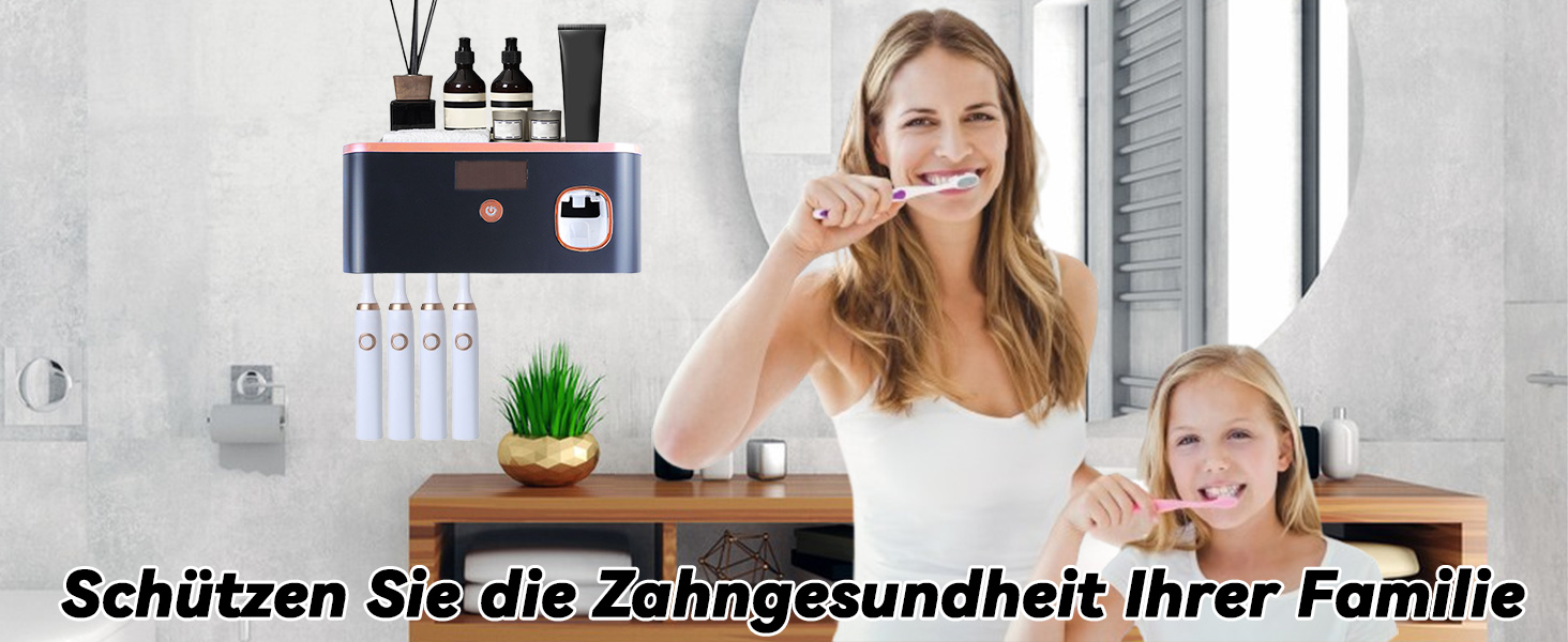 Автоматичний диспенсер зубної пасти з UV-дезінфекцією та тримачем для зубних щіток на 6 щіток, монтаж без свердління. Підходить для дітей та дорослих. Чорний колір