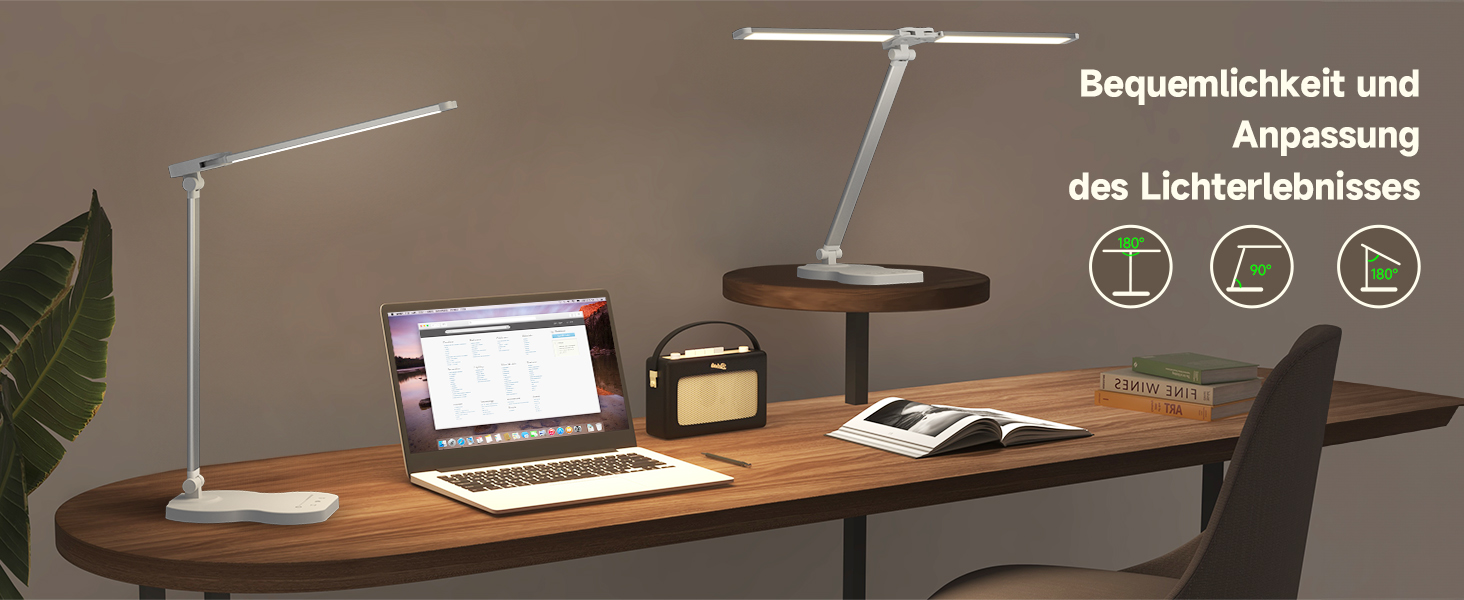 LED лампа настільна з двома руками, 5 кольорів та 10 рівнів яскравості, таймер вимкнення на 45 хвилин, сенсорне керування, для навчання (біла)