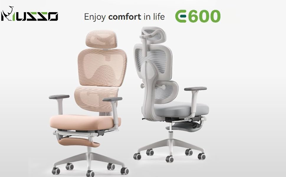 Офісний крісло MUSSO E600SE сірого кольору: ергономічний дизайн, регулювання поперекової підтримки, підлокітники та підголівник, підставка для ніг, підтримка спини для жінок