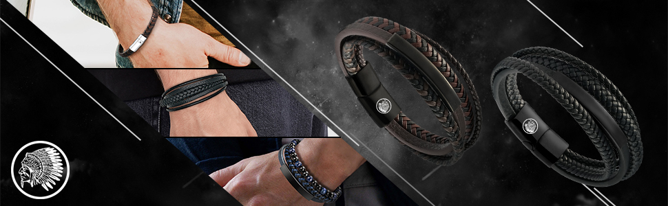 Чоловічий шкіряний браслет Lederarmband з нержавіючої сталі: плетіння, магнітний замок, гравіювання (синій, коричневий, чорний) 21 см