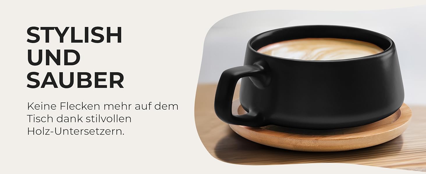 MIAMI - Set of 4 x 320 ml Coffee Cups/Cappuccino Cups with Saucers/Elegant/Modern/Coffee Cups made of stoneware - Luxe Collection 4-Piece Set (Black)