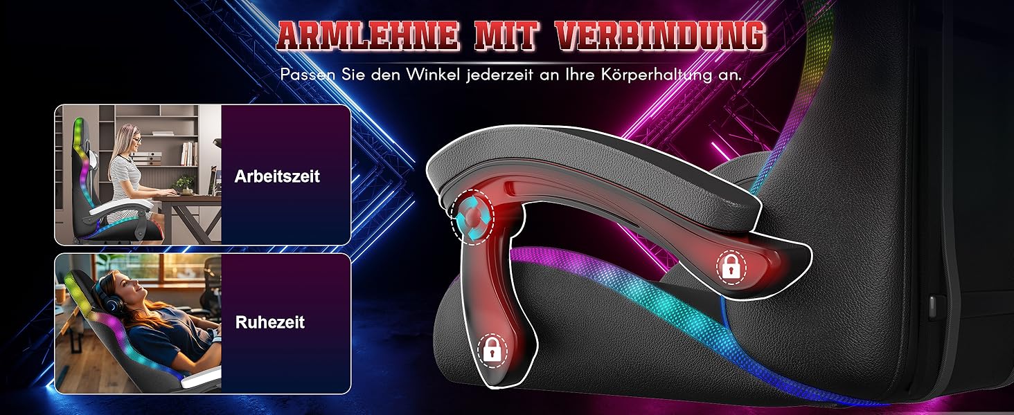 Ігровий стілець Racingreat RGB з підсвічуванням, підголівником та підтримкою попереку, регульований кут нахилу, для дітей та дорослих, чорний