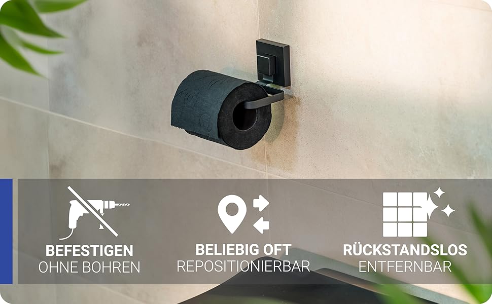 Тримач для туалетного паперу WENKO Vacuum-Loc Quadro на стіну без свердління, нержавіюча сталь, чорний, 14 x 6 x 11 см