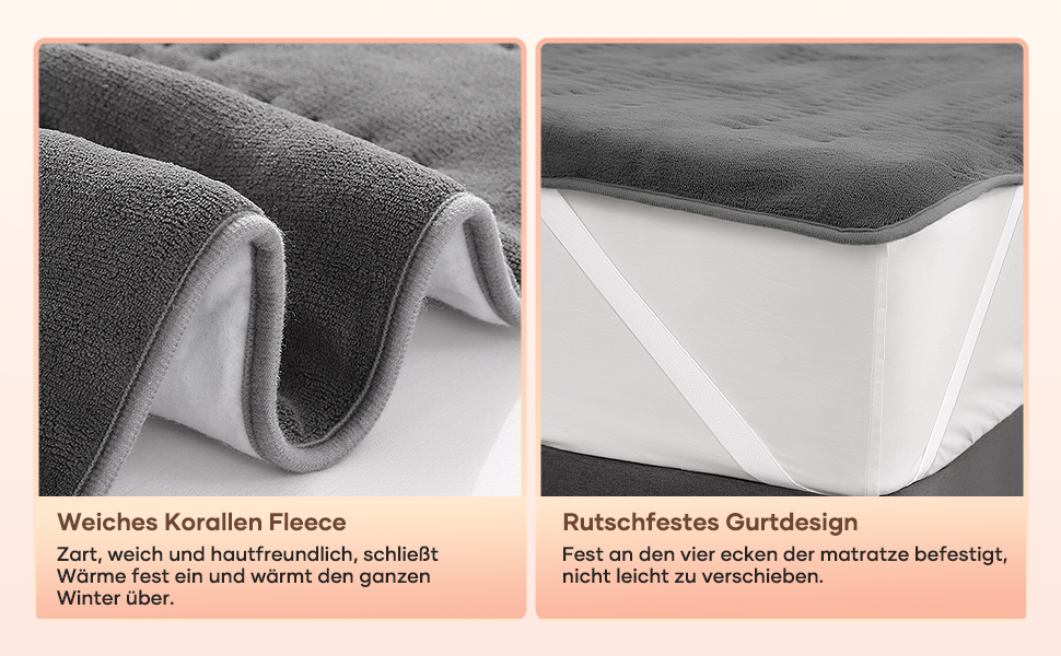 Електричне підігріваюче коврик 150x80 см сірий з 10 рівнями температури, автовимкненням та захистом від перегріву, легке кріплення до ліжка та матрацу (коралловий фліс)