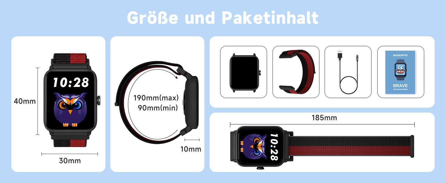 Смарт-годинник BIGGERFIVE для дітей, фітнес-трекер з пульсометром, крокоміром, моніторингом сну, водонепроникний (5ATM), будильник, 1.5' HD-сенсорний екран, для дівчаток та хлопчиків 3-14 років, ремінець нейлон, чорний/червоний
