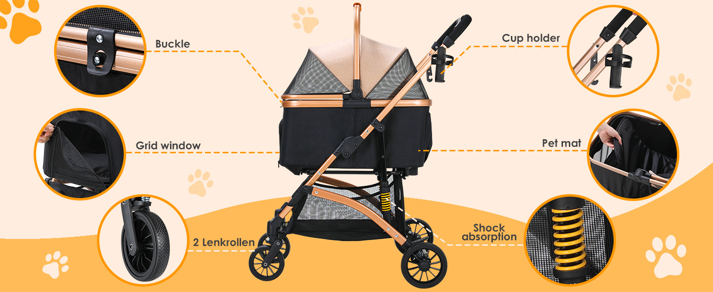 Візок для собак MAMIZO 3 в 1: візок, переноска, сумка. До 20 кг, 360° обертання, з відкидним кошиком та тримачем для напоїв. Підходить для собак та котів.