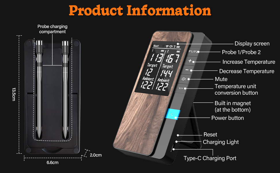 Бездротовий термометр для м'яса та гриля з Bluetooth та двома зондами, IP67, для приготування на грилі, в духовці, для копчення