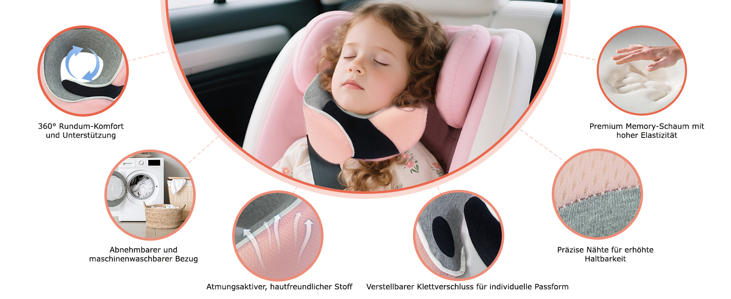 Подушка для шиї Proglobe, 100% Memory Foam, ортопедична, для подорожей (літак, авто, поїзд), з маскою для сну, сітчаста сумка (рожевий)