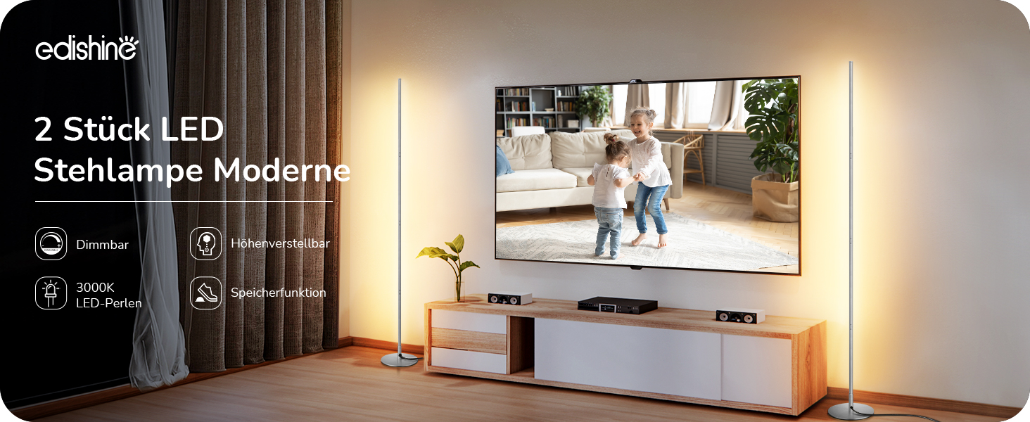 LED торшер Edishine 2 шт. з диммуванням, тепле світло 3000K, регулювання висоти 146 см, з функцією пам'яті, для вітальні, спальні, офісу (срібний)